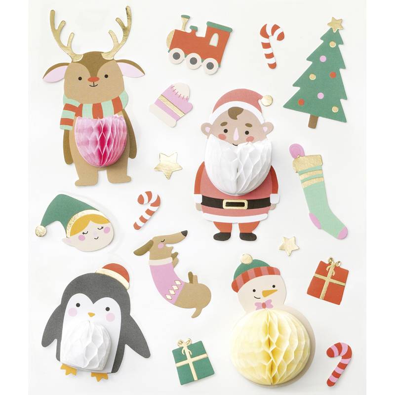 Festliche Collage mit Weihnachtsfiguren: Rentier, Weihnachtsmann, Zug, Baum, Pinguin, Schneemann, Geschenke und Zuckerstangen mit bunten Designs.