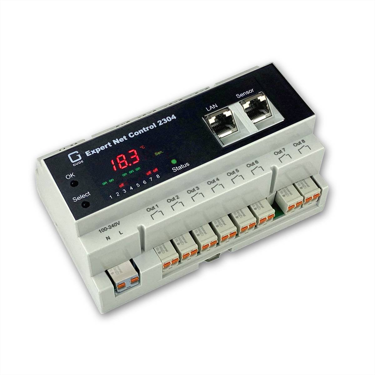 GUDE 2304-1 Remote I/O 8xIn 8xOut 1xSensorport, Hutschiene (DIN Rail)