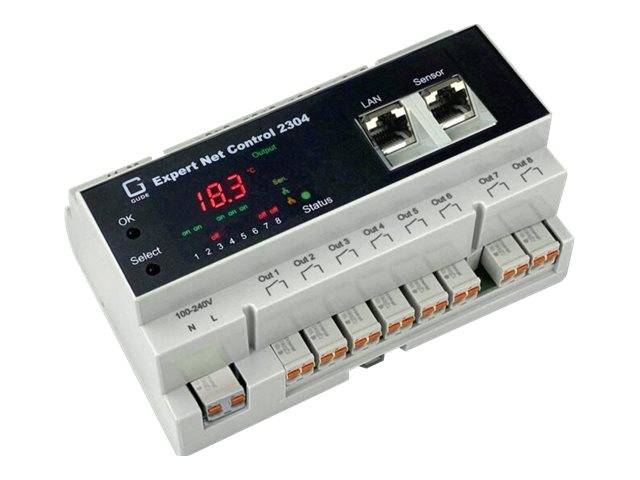 DIN-Schienen-Experte Net Control 2304 Gerät mit LED-Display, LAN- und Sensor-Anschlüssen sowie mehreren Relais-/Ausgangsklemmen