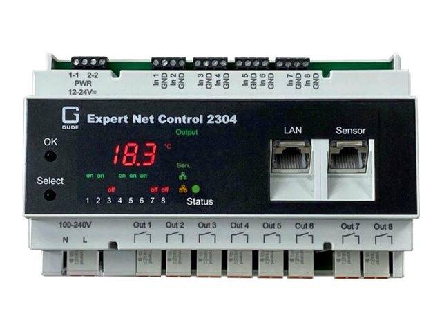 Vorderansicht eines Gude Expert Net Control 2304 Netzwerk-Stromcontrollers mit rotes 18,3°C-Display, OK- und Select-Tasten, LAN- und Sensor-Anschlüsse sowie acht Ausgangsklemmen.