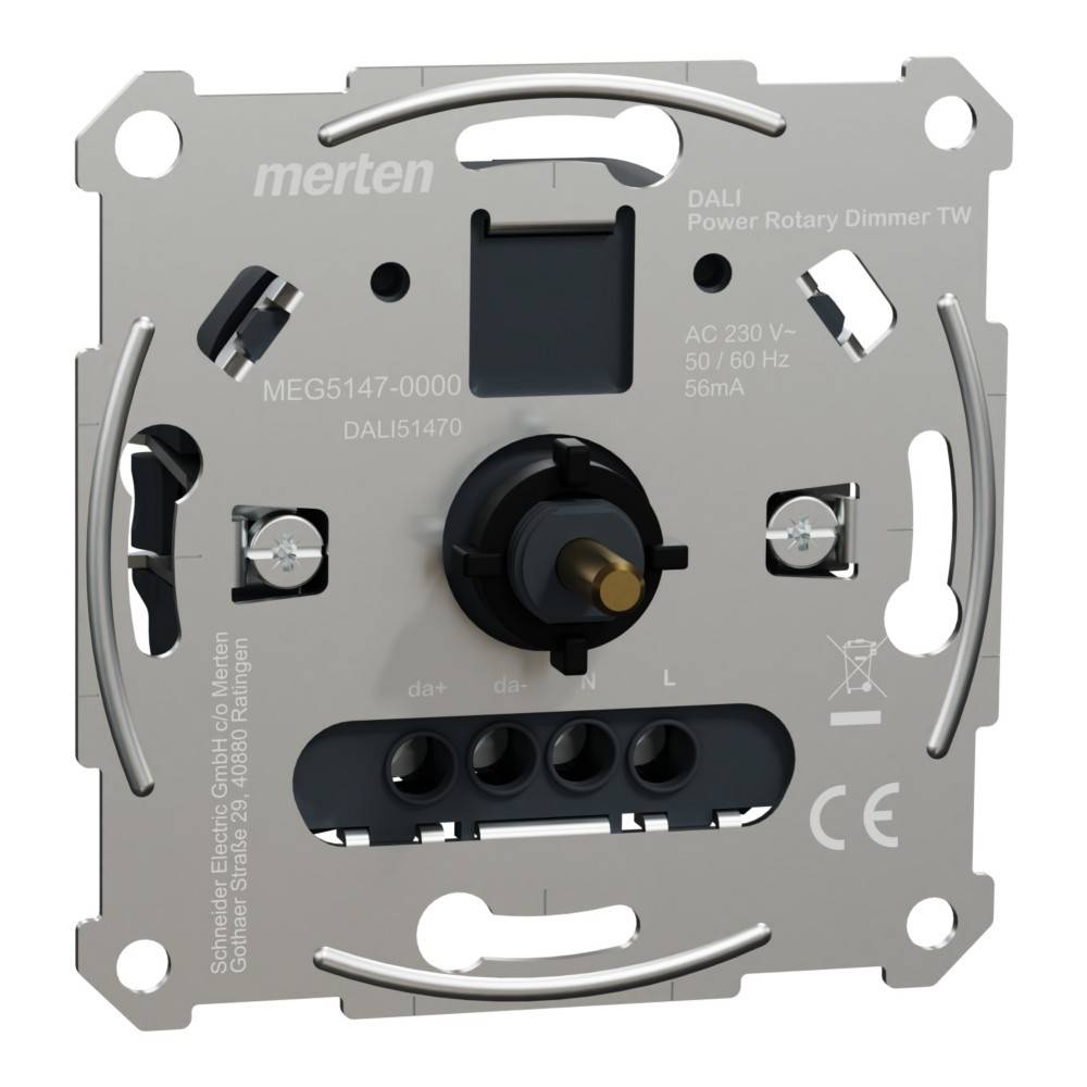 DALI Power Rotary Dimmer TW Gerät mit Montagebügel, verschiedene Anschlusspunkte und beschriftete Spezifikationen, einschließlich Spannungs- und Stromstärkeangaben.