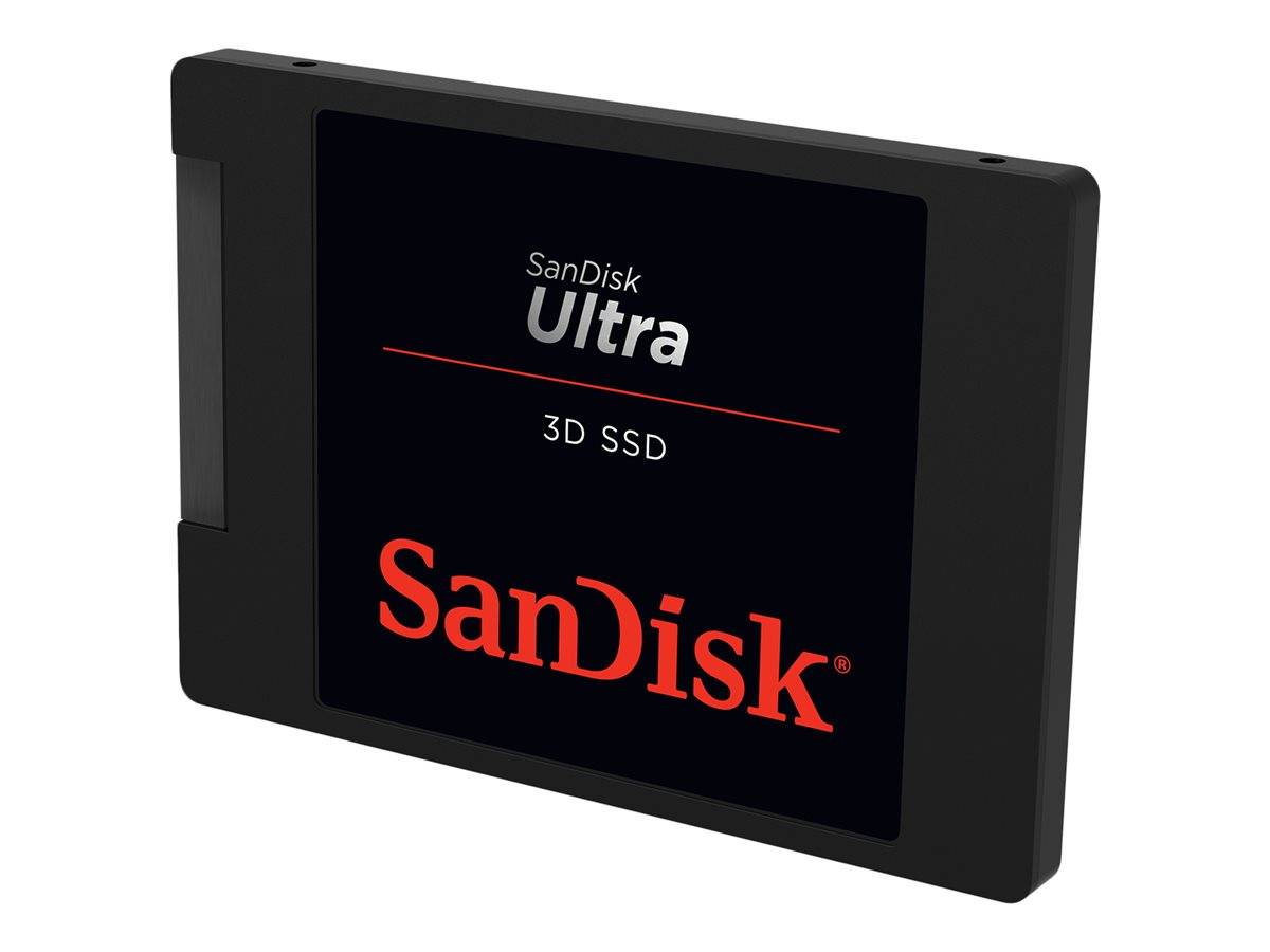 SanDisk Ultra 3D SSD Solid-State-Laufwerk in einem schwarzen rechteckigen Gehäuse, gezeigt auf weißem Hintergrund.