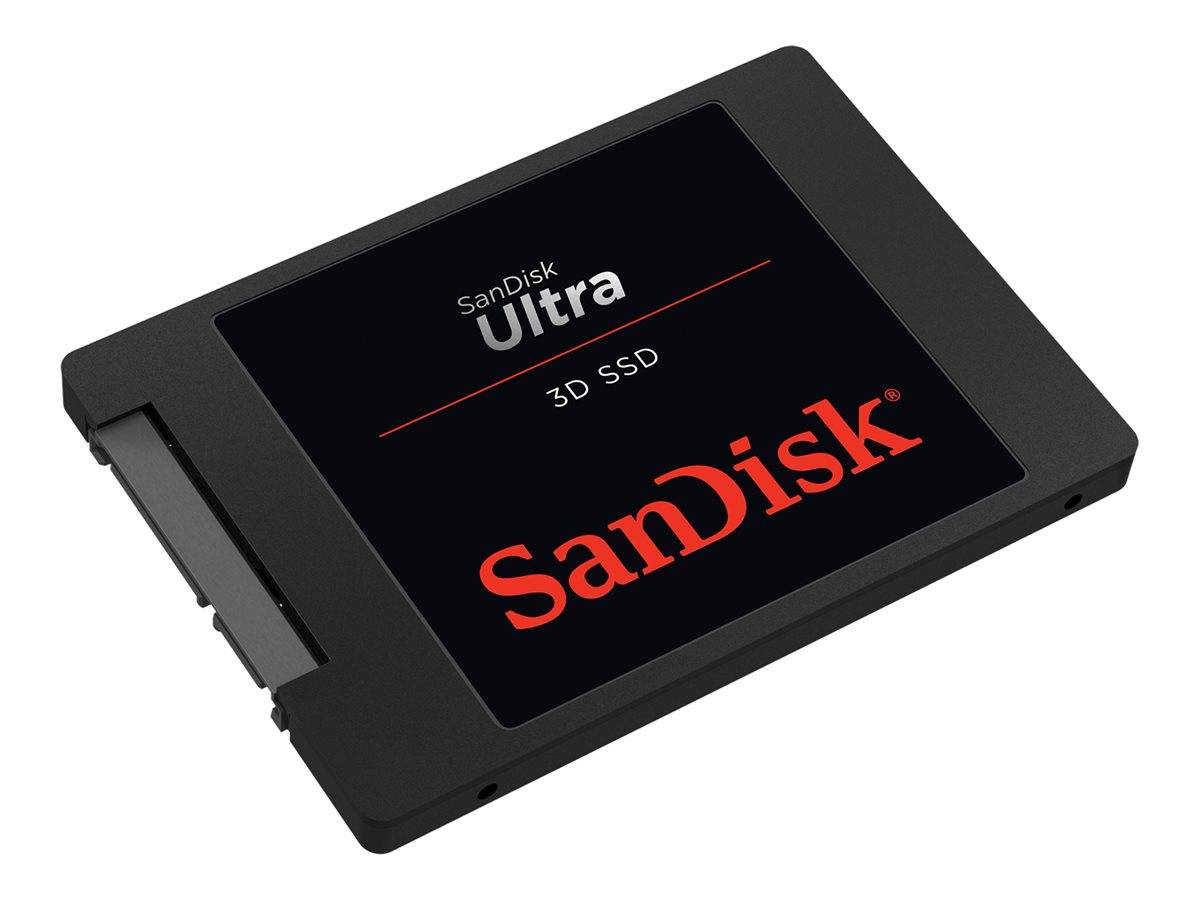 Schwarzes SanDisk Ultra 3D SSD Solid-State-Laufwerk in schrägter Ansicht auf weißem Hintergrund.