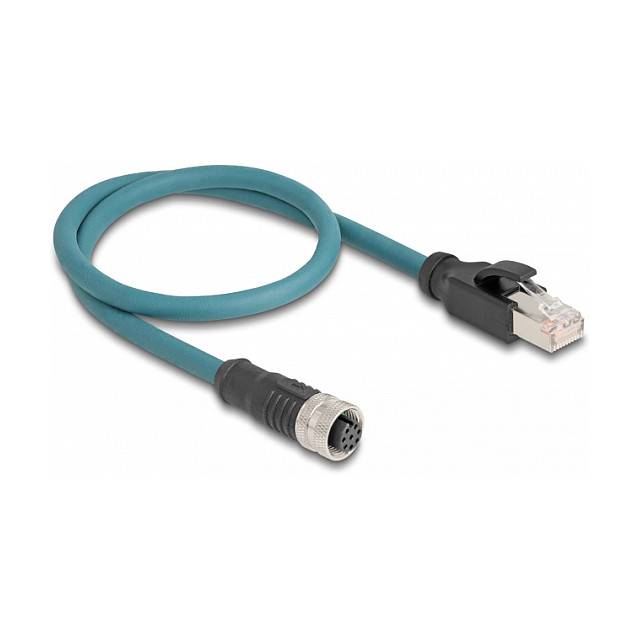 Tealkabeltisches Ethernet-Kabel mit einem RJ45-Stecker an einem Ende und einem runden Industriestecker am anderen Ende, dargestellt auf weißem Hintergrund.
