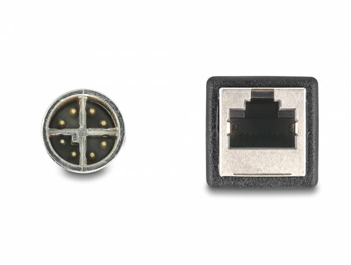 Nahaufnahme von zwei elektronischen Anschlüssen: Ein rundes Multi-Pin-Steckverbinder auf der linken Seite und eine RJ45-Ethernet-Buchse auf der rechten Seite, gezeigt vor weißem Hintergrund.