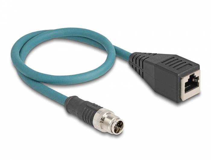 Blaues Netzwerkkabel mit einem RJ45-Ethernet-Stecker auf der einen Seite und einem Koaxialstecker auf der anderen Seite.