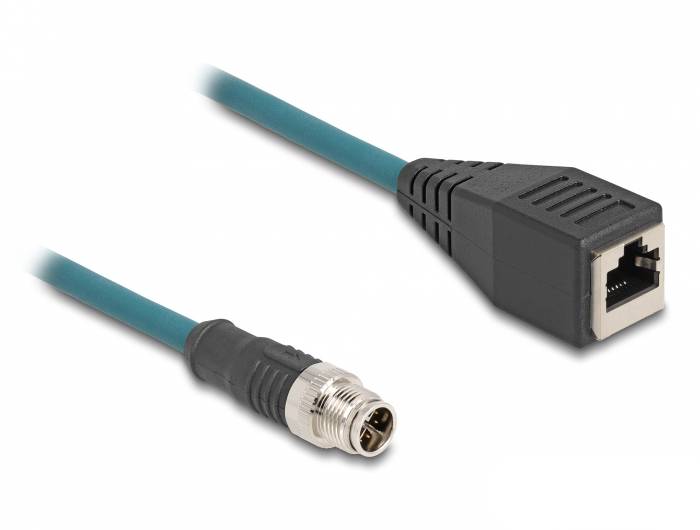 Ethernet-Kabel mit einem RJ45-Stecker auf der einen Seite und einem Koaxialstecker auf der anderen Seite, gezeigt auf weißem Hintergrund.