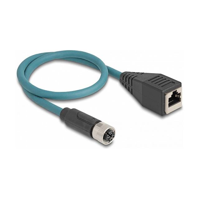 Blauem Adapterkabel mit einem Ethernet-RJ45-Stecker auf der einen Seite und einem runden Multi-Pin-Stecker auf der anderen Seite