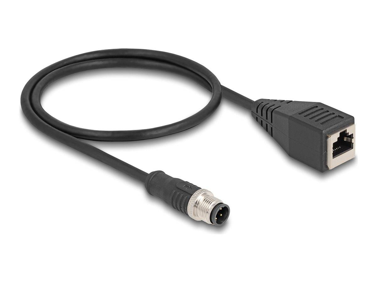 Schwarzer Kabeladapter mit einem RJ45-Ethernet-Stecker auf der einen Seite und einem runden Schraubverschluss-Stecker auf der anderen Seite.