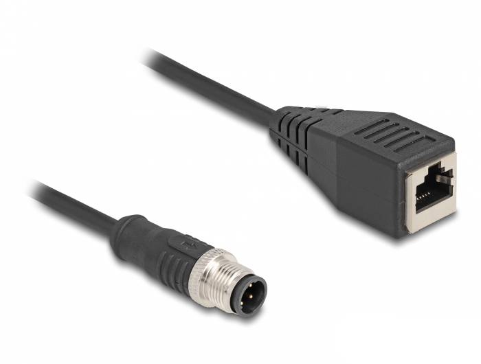 Ethernet-Kabeladapter mit einem RJ45-Buchsenstecker und einem runden Steckverbinder auf einem schwarzen Kabel.