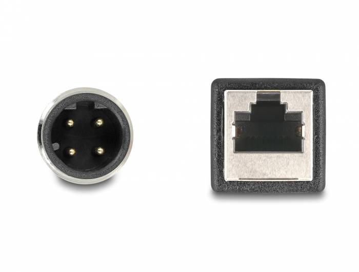 Nahaufnahme von zwei Kabelanschlüssen: ein vierpoliger runder männlicher Stecker und eine RJ45-Ethernet-Buchse auf weißem Hintergrund.