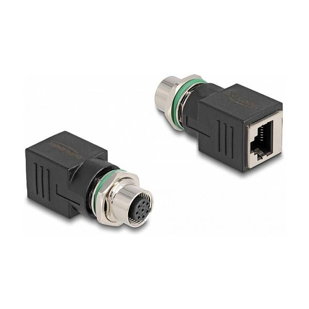 Zwei schwarze Steckerverbinder auf weißem Hintergrund: eine runde Mehrpol-Buchse und eine RJ45-ähnliche Ethernet-Buchse in Winkelgehäusen.