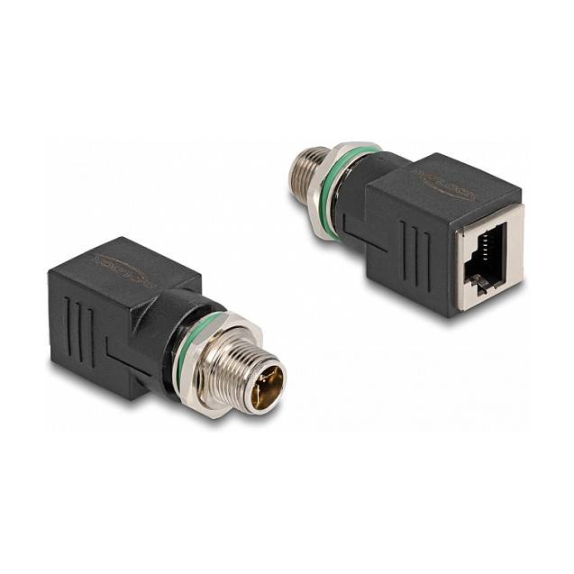 Zwei schwarze rechtwinklige Netzwerk-Adapter-Stecker, einer mit RJ45-Buchse und einer mit Gewinde-Koaxial-Stecker.