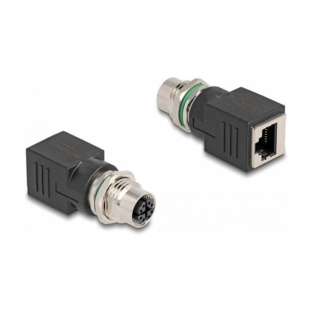 Zwei schwarze Ethernet-Adapter-Stecker: eine weibliche RJ45-Buchse und ein runder Multi-Pin-Stecker mit Metallgewinden.