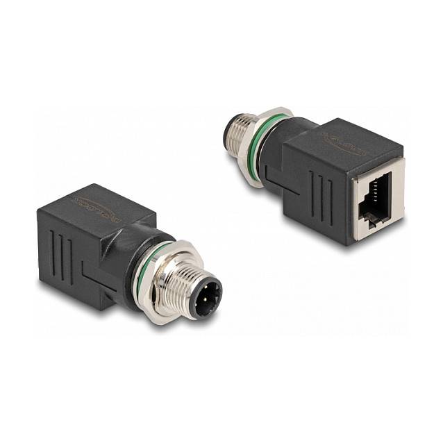 Zwei schwarze Kabeladapter: ein M12-Rundstecker und eine RJ45-Ethernet-Buchse, dargestellt auf weißem Hintergrund.
