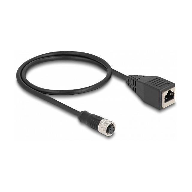 Schwarzes Adapterkabel mit einem Ethernet-RJ45-Stecker an einem Ende und einem runden Mehrfach-Steckverbinder am anderen Ende, gezeigt auf weißem Hintergrund.