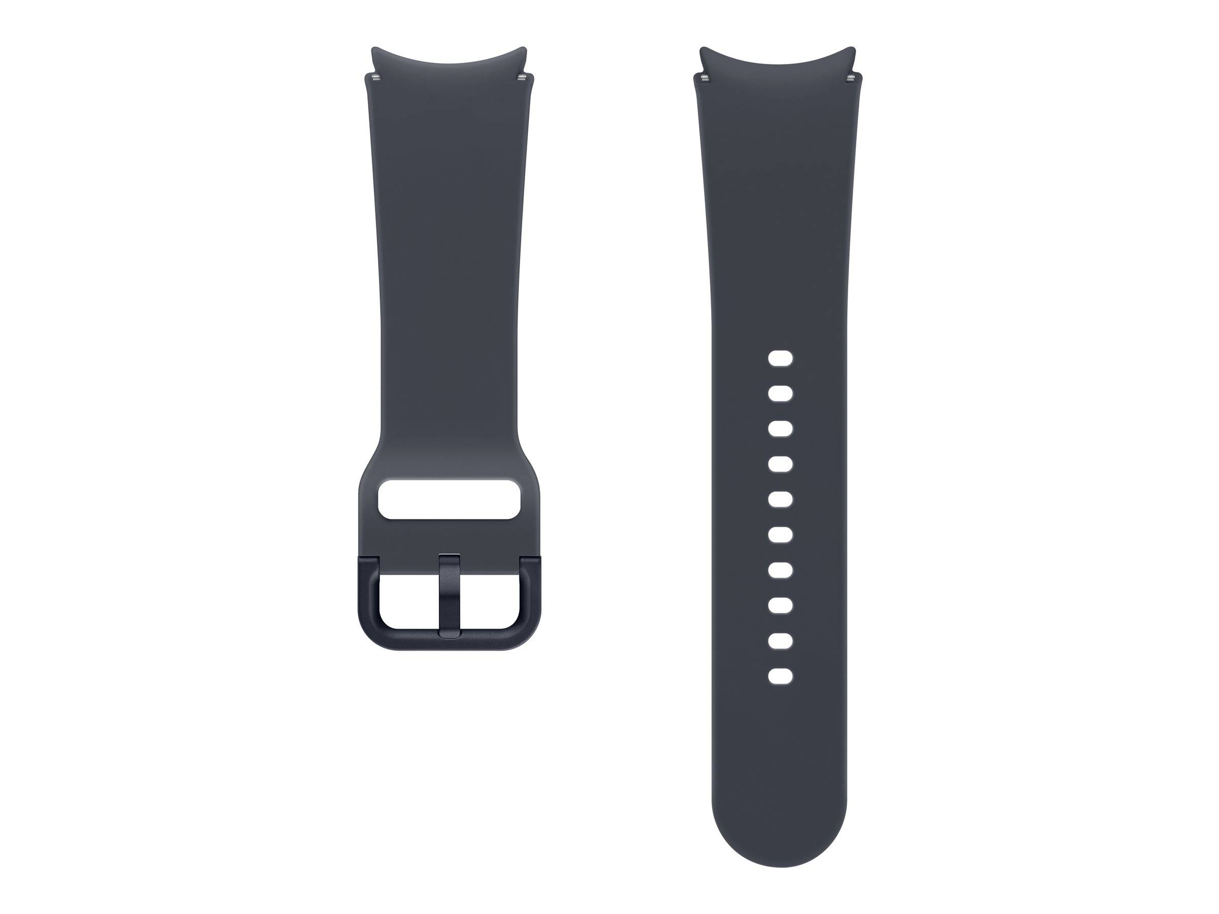 Zwei schwarze Smartwatch-Armbänder nebeneinander gezeigt, eines mit einer Schnalle und Steckerausschnitt, das andere mit Verstelllöchern und einem abgerundeten Ende.