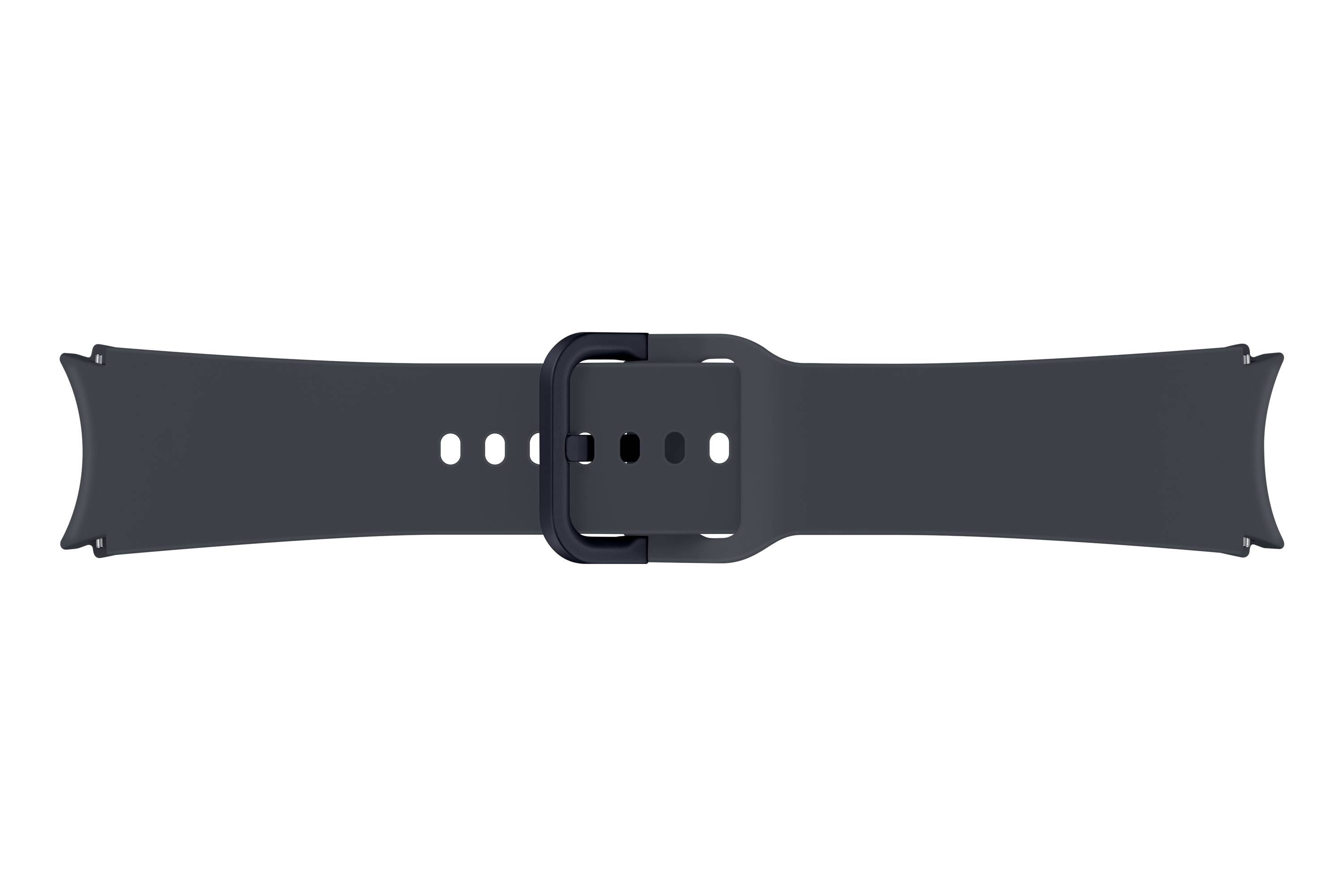 Schwarzes Gummi-Uhrenarmband mit einer Metallschnalle und Verstelllöchern, flach auf weißem Hintergrund dargestellt.