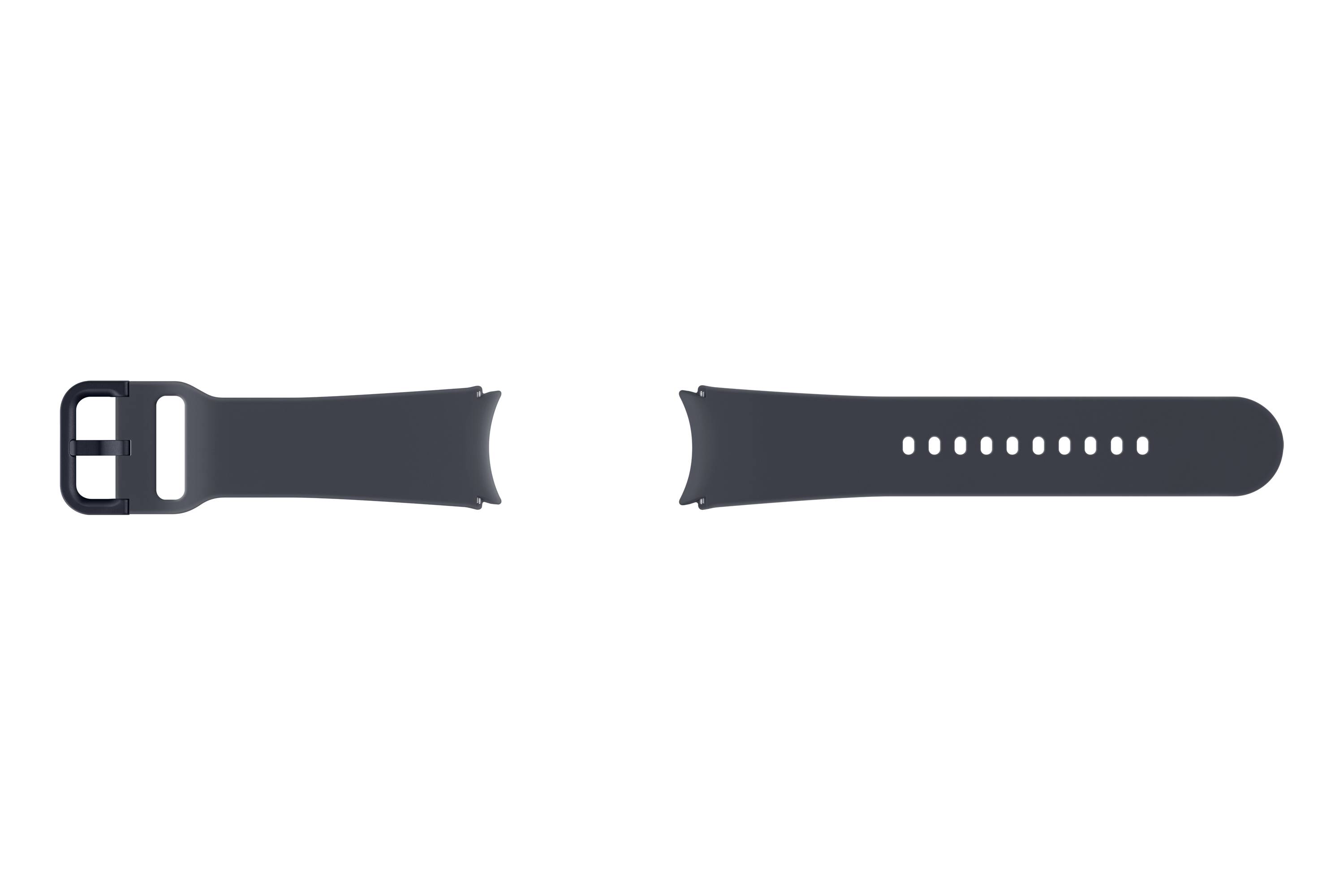 Schwarzes Gummi-Uhrenarmband in zwei separaten Teilen gezeigt, mit Schnalle am linken Ende und Verstelllöchern auf der rechten Seite.