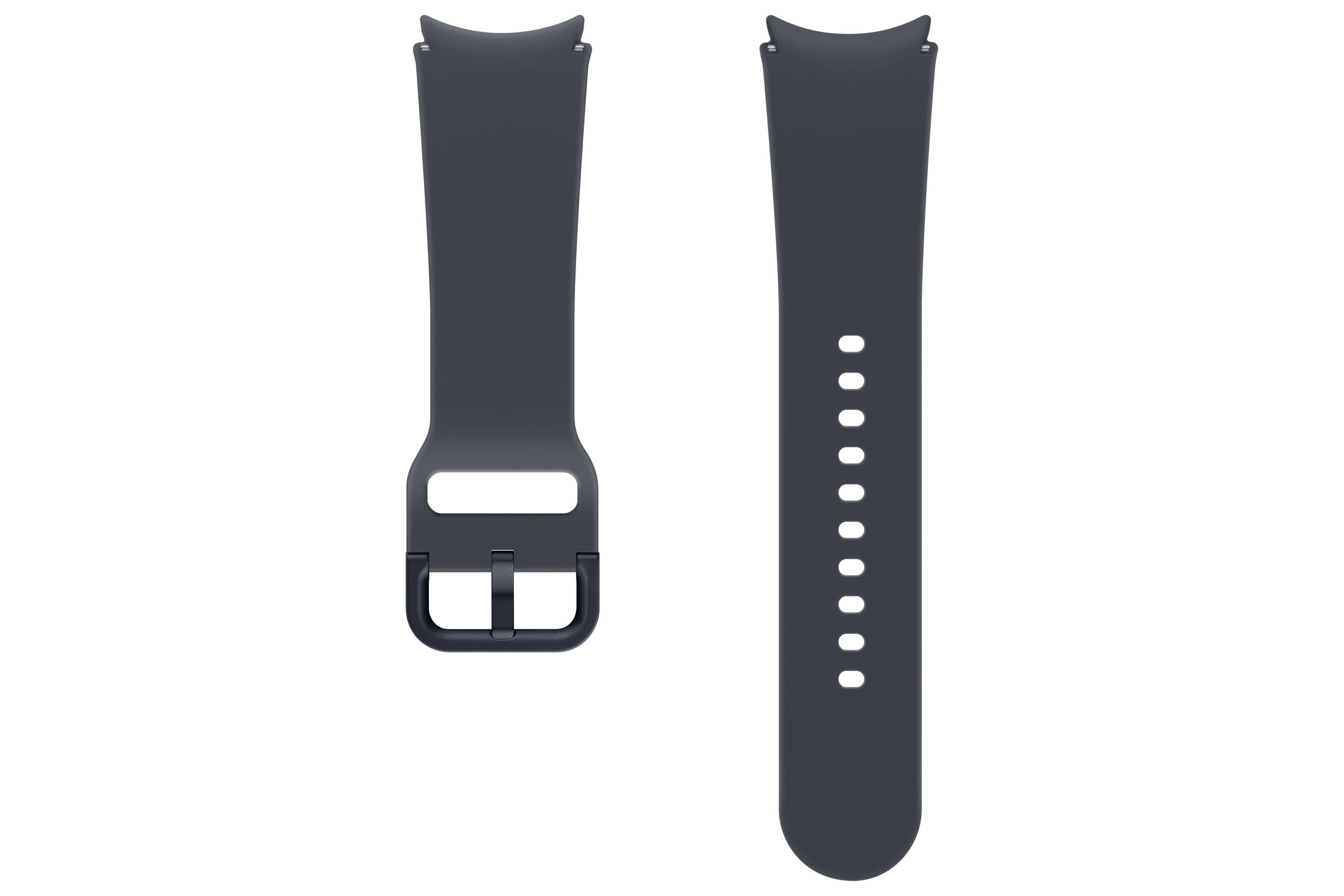 Schwarze Smartwatch-Armband von vorne und hinten gezeigt, mit einer Metallschnalle und mehreren Größenlöchern.