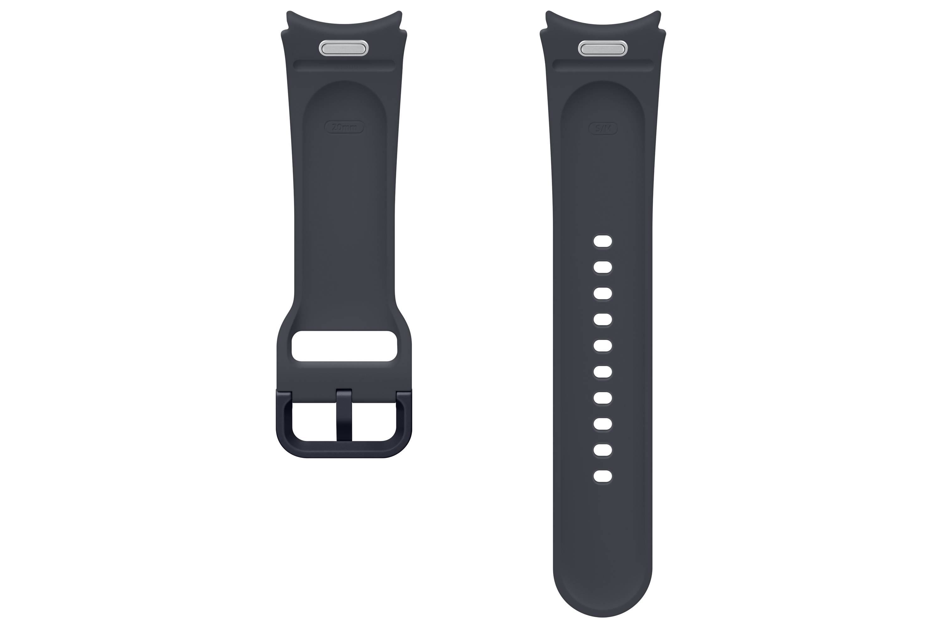 Zwei Ansichten eines dunkelgrauen Smartwatch-Armbands, die die Verschlussseite und das Armband mit Verstelllöchern zeigen.
