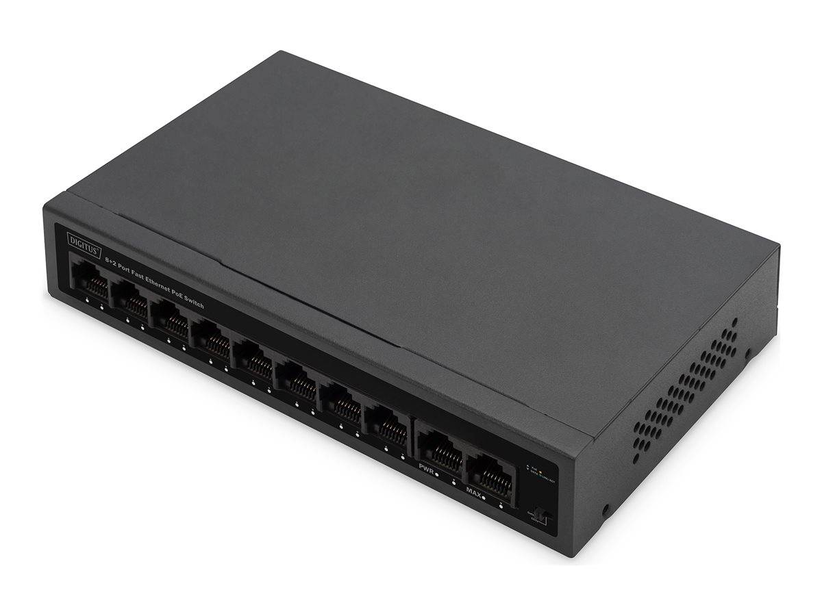 DIGITUS - 8+2-Port Fast Ethernet PoE Netzwerkswitch, Desktop, unmanaged, 60 W, af/at