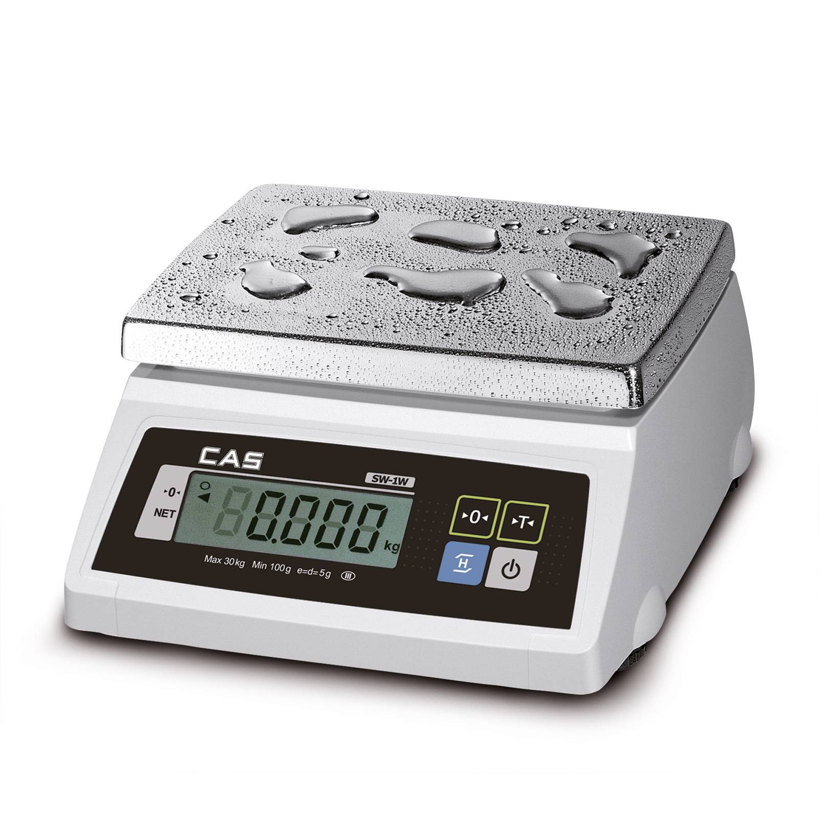 CAS Waage SWWP, kompakte Kontrollwaage mit IP-Schutz, GEEICHT, mit Edelstahl-Wägeplatte und Rückanzeige, max. 30 kg, Ablesbarkeit 5 g