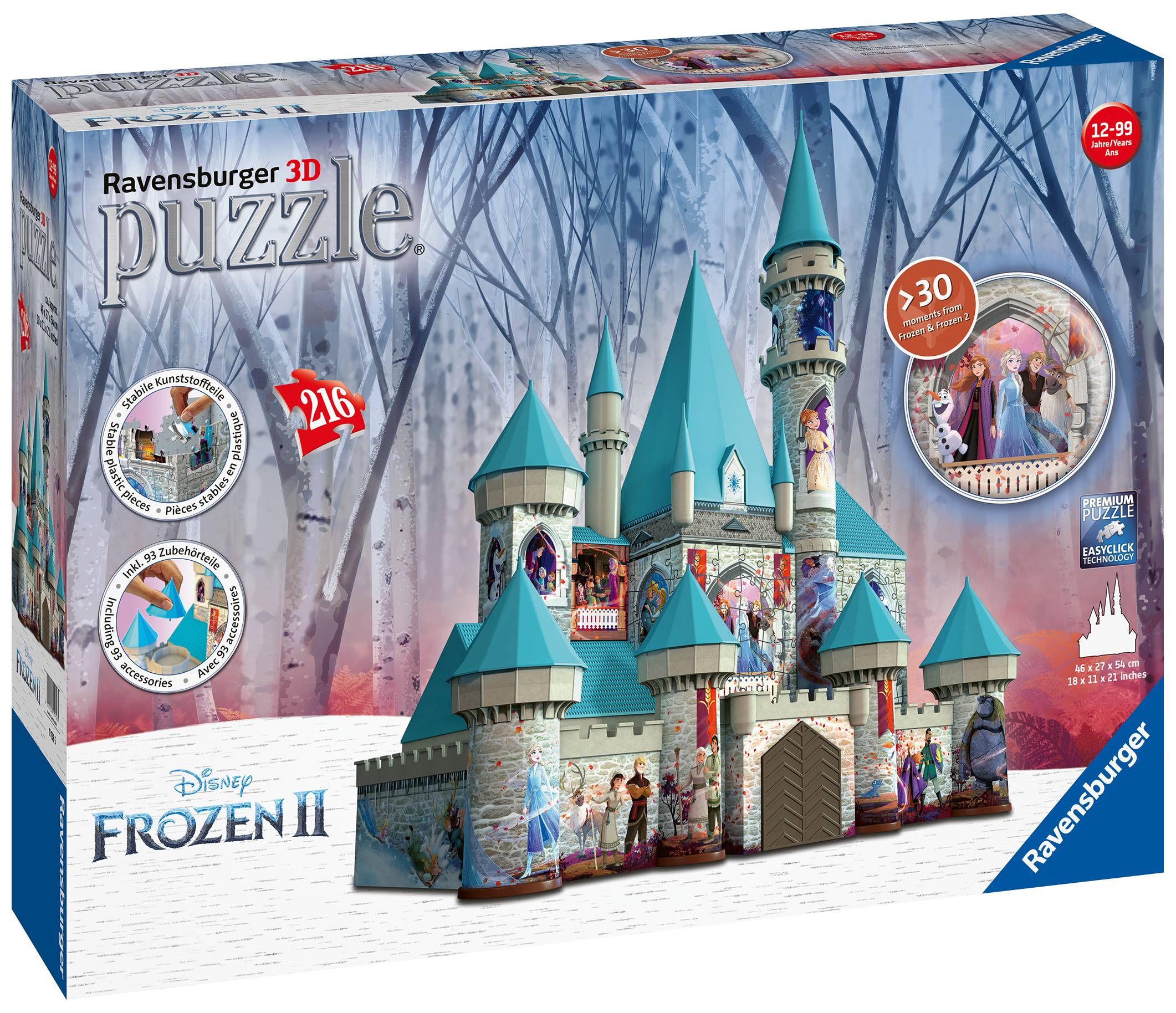 Ravensburger 3D-Puzzle-Box Disney Frozen II, zeigt ein Schloss mit türkisfarbenen Türmen und 216 Teilen.