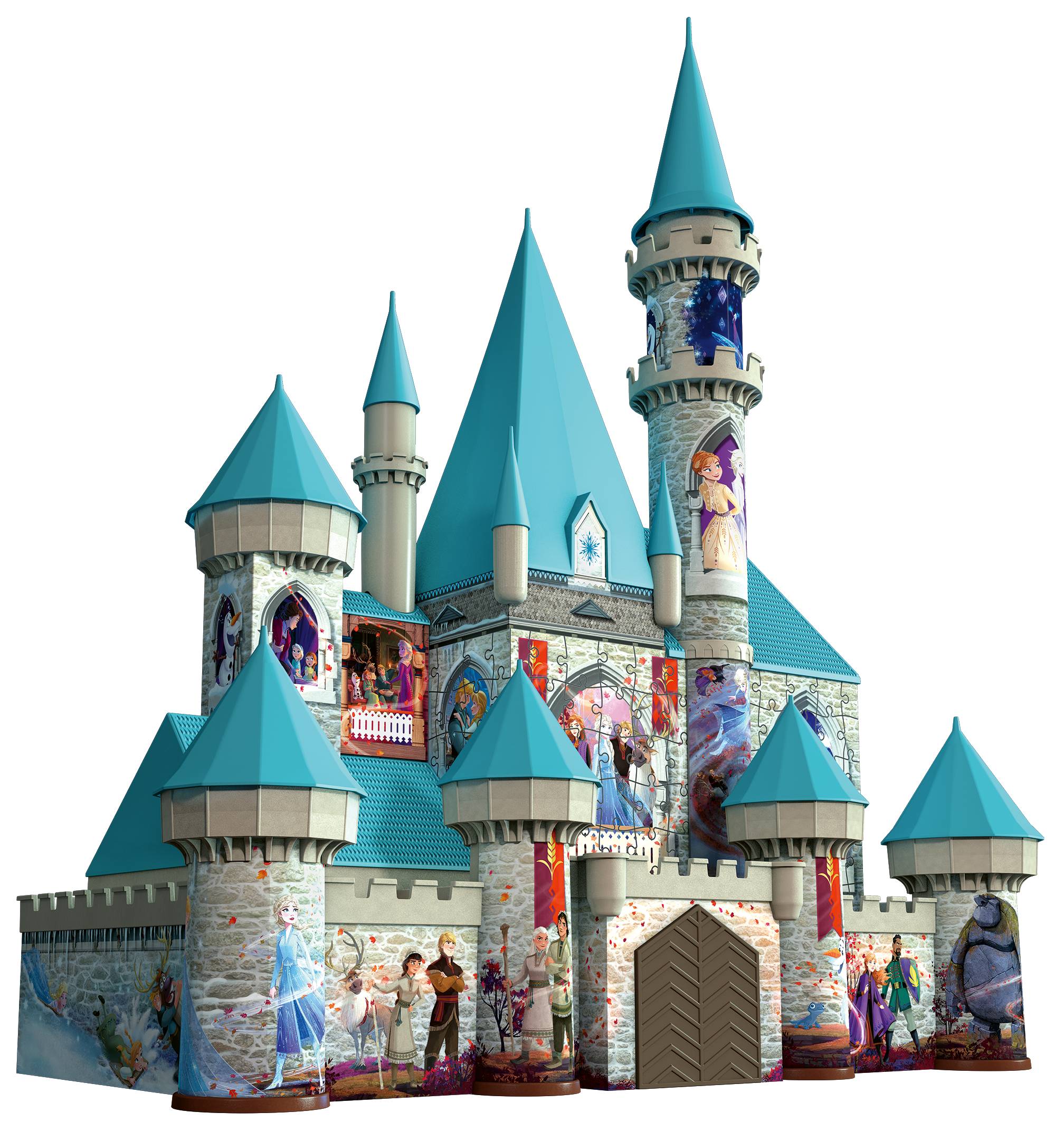 Ein detailliertes Fantasieschloss mit türkisblauenDächern und Türmen, verziert mit Wandmalereien und Figuren im Disney-Prinzessinnen-Thema auf seinen Steinmauern.