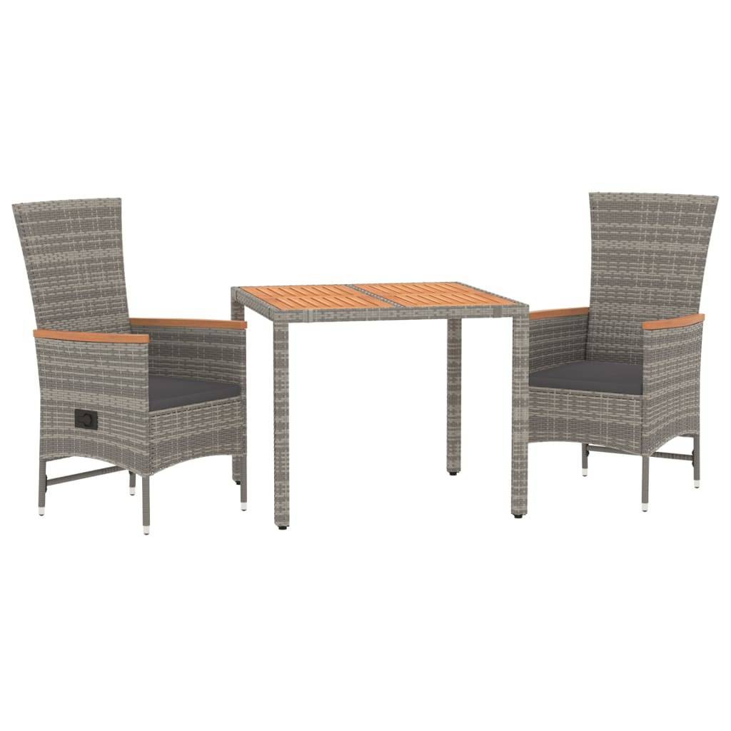 vidaXL 3-tlg. Garten-Essgruppe mit Kissen Grau Poly Rattan