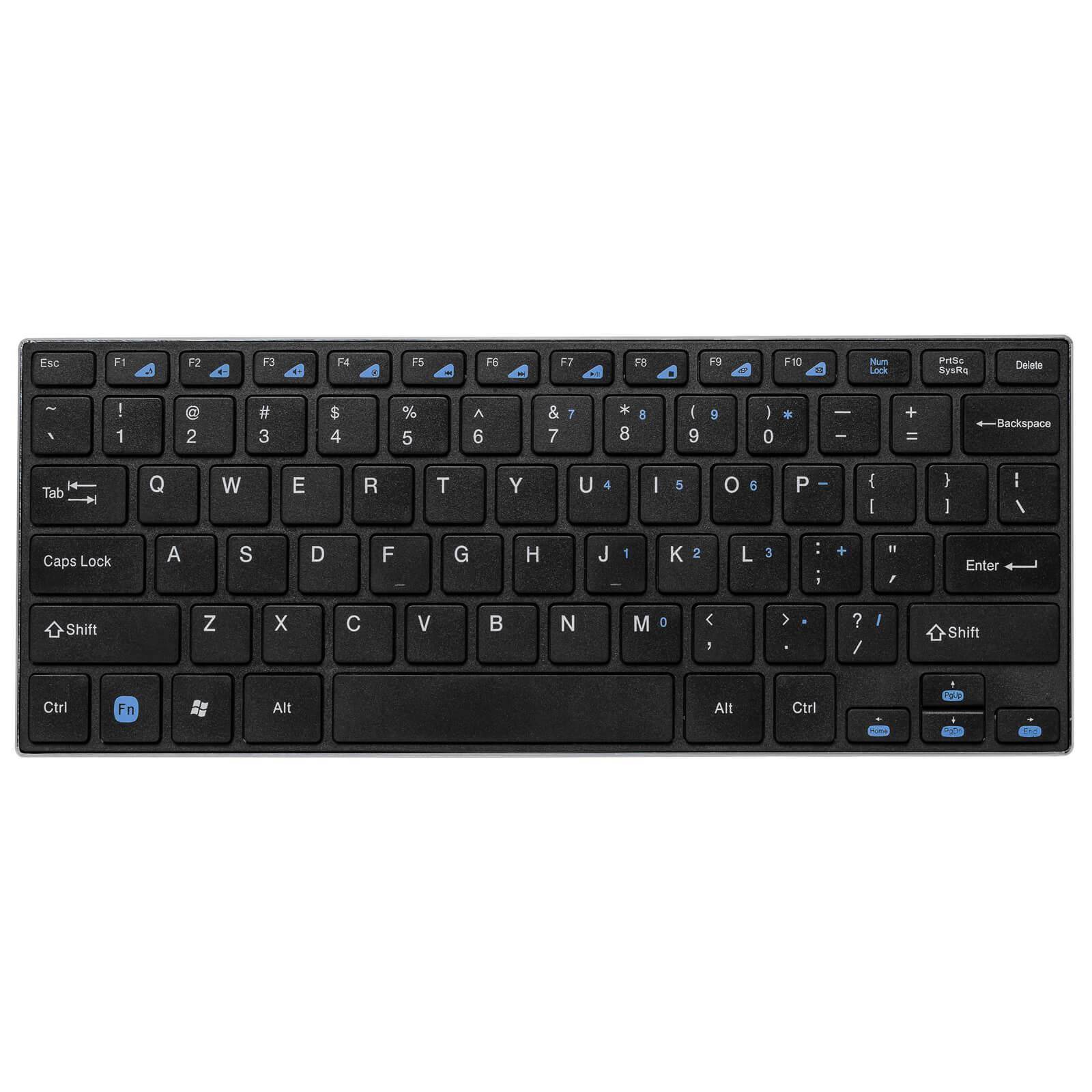 Kompakte schwarze kabellose Tastatur mit weißer Beschriftung und blauen Funktionssymbolen, gezeigt auf einem schlichten weißen Hintergrund.