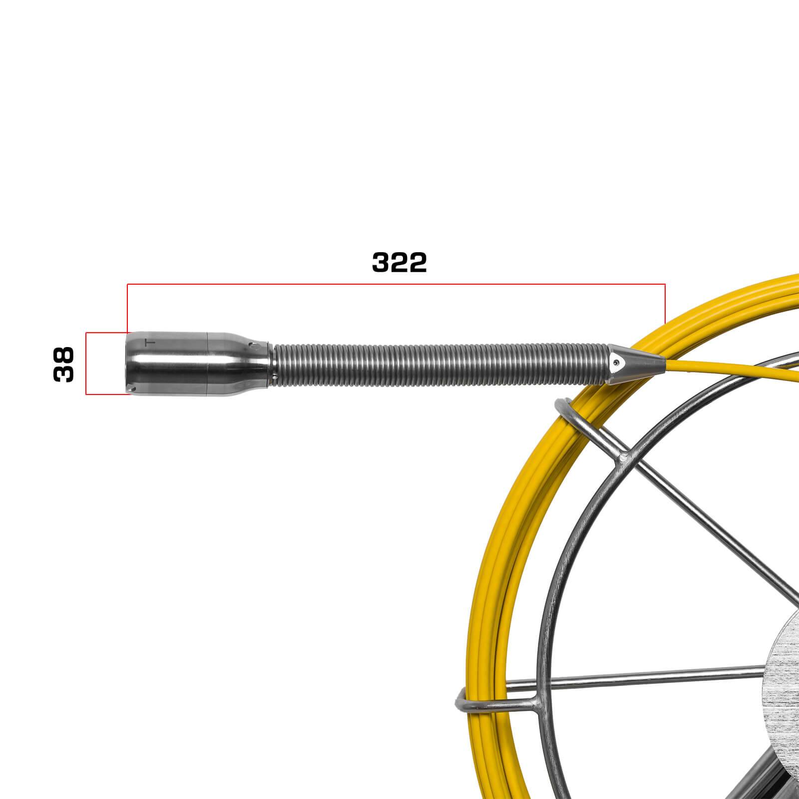 Foto einer flexiblen Metallsonde mit gelbem Kabel, mit Anmerkungen zu den Abmessungen von 322 mm Länge und 38 mm Breite.