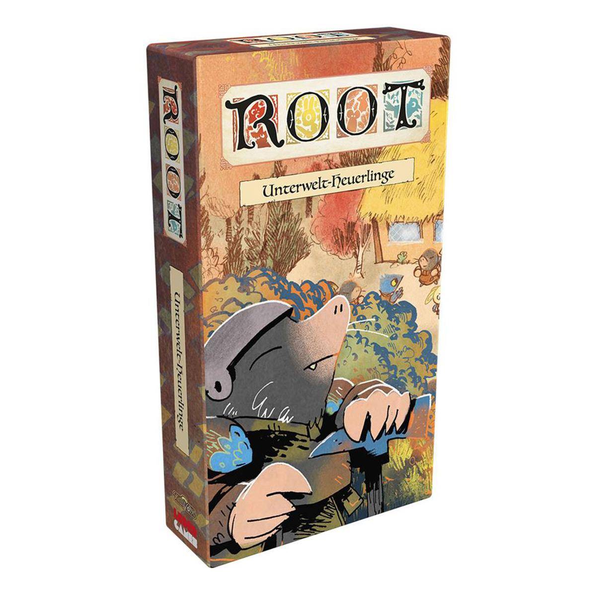 Eine in Box verpackte 'ROOT: Unterwelt-Heuerlinge' Spielerweiterung, gezeigt mit illustriertem Coverbild einer mausähnlichen Figur in einer Waldszene.