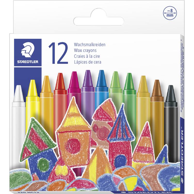 Staedtler 12 Wachsmalkreiden, Verpackung mit bunten Wachsmalstiften über einem verspielten, mit Wachsmalstiften gezeichneten Dorf mit Häusern und Bäumen.
