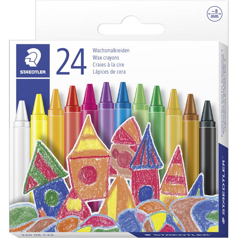 Staedtler Wachsmalkreiden 24er-Pack mit leuchtend bunten Wachsmalstiften; Verpackung zeigt farbenfroh gezeichnete Häuser und Bäume auf der Schachtel.