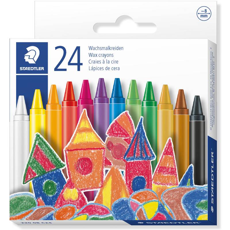 Schachtel mit 24 Staedtler-Wachsmalkreiden in verschiedenen Farben, mit lebendigen Häusern und Bäumen auf der Vorderseite, die Kreativität fördern.