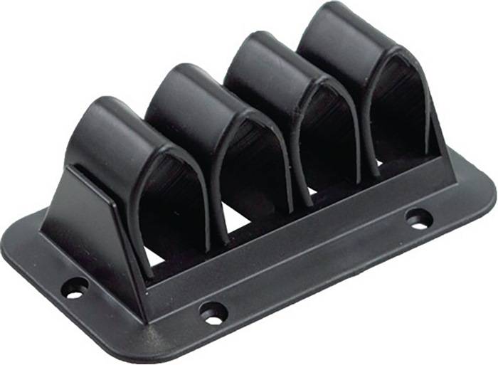 Ein schwarzer Kunststoff-Rutenhalter für Angelruten mit vier Schlitzen, der zur Montage auf einer Oberfläche konzipiert ist, wobei jeder Schlitz eine Rute sicher befestigt.