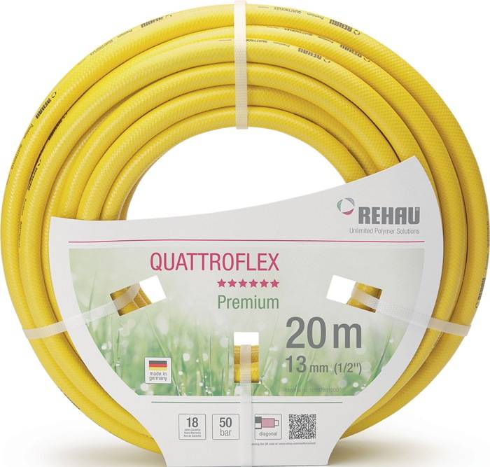 Eine aufgerollte gelbe Gartenschlauch mit einem Etikett mit der Aufschrift 'Quattroflex Premium', 20 Meter lang, 13 mm Durchmesser, 18°C, 50 bar Druck.