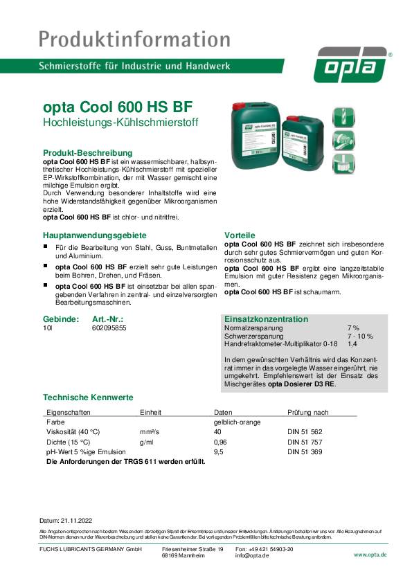 Hochleistungskühlschmierstoff Cool 600 HS BF wassermischbar 10l Kanister OPTA