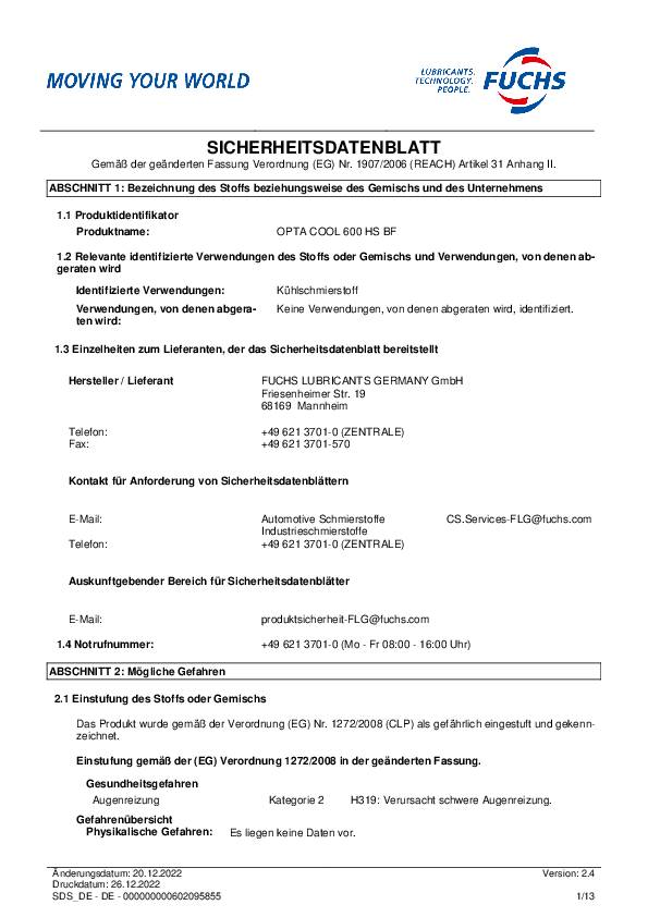 Hochleistungskühlschmierstoff Cool 600 HS BF wassermischbar 10l Kanister OPTA
