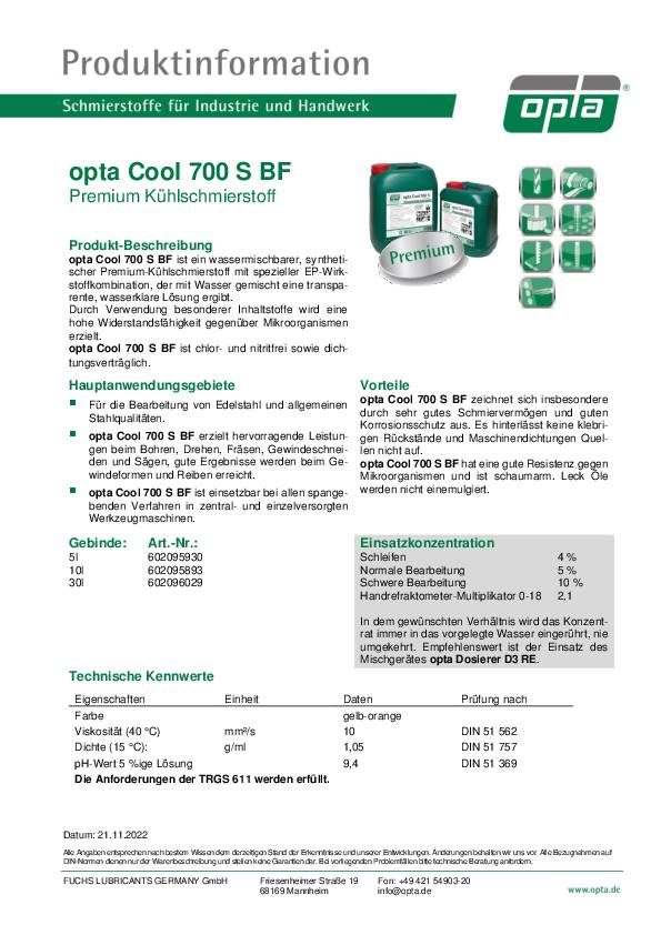 Premium Kühlschmierstoff Cool 700 S BF wassermischbar 5l Kanister OPTA