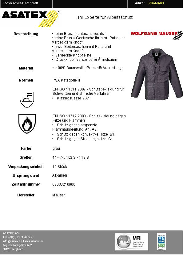 Schweißerschutz-Jacke Gr.54 grau PROBAN
