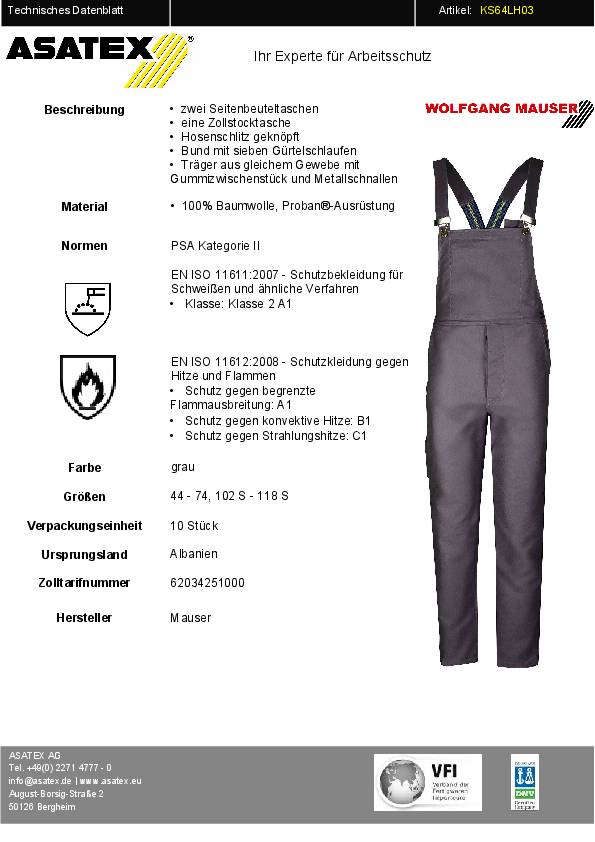 Schweißerschutzlatzhose KS64LH03 Gr.56 grau PROBAN