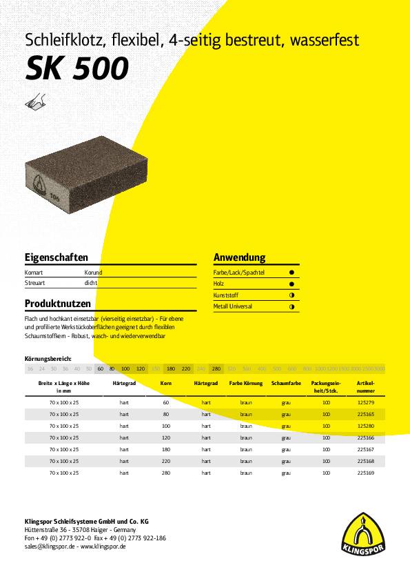 Schleifklotz SK 500 L100xB70mm K.180 KLINGSPOR