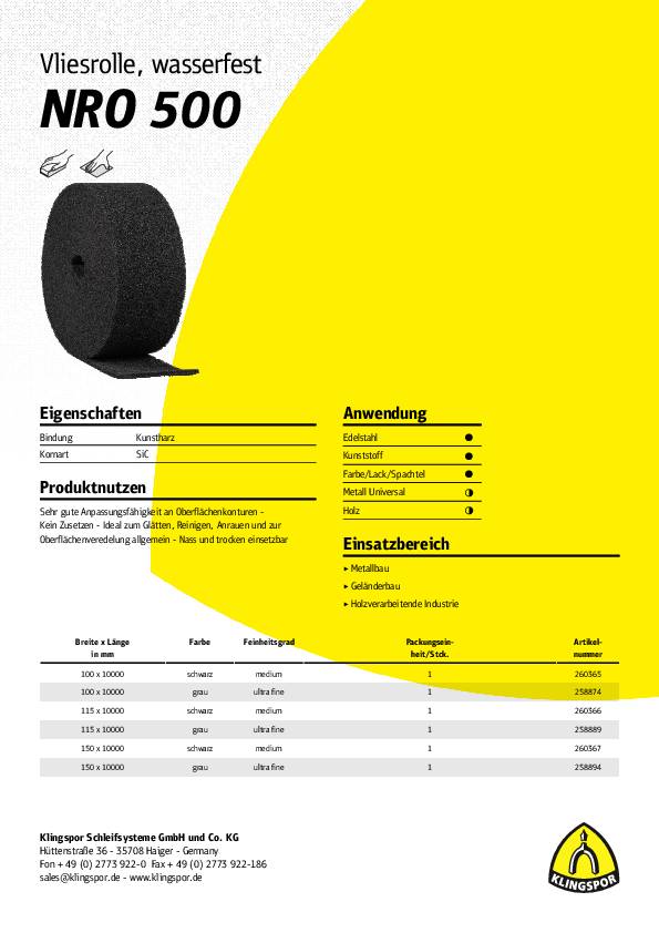 Schleifvliesrolle NRO 500 L.10m B.150mm ultra fine grau KLINGSPOR