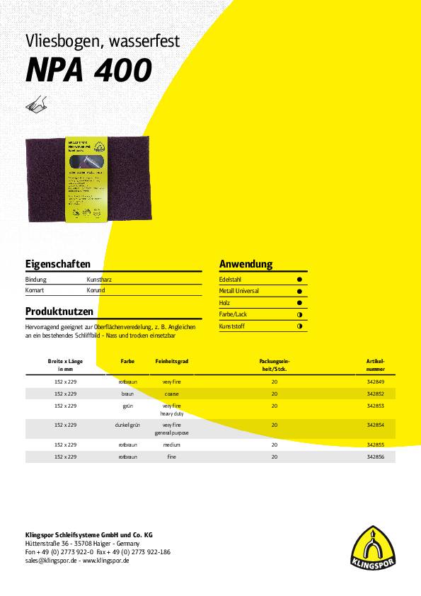 Vliesschleifblatt NPA 400 L229xB152mm general purpose 320 dunkelgrün KLINGSPOR