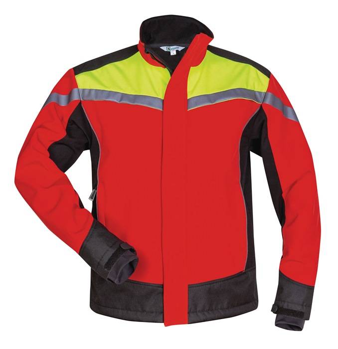 Rot-schwarze Arbeitsjacke mit hochsichtbarem gelbem Brustbereich und grauen reflektierenden Streifen, Vorderansicht auf weißem Hintergrund dargestellt.