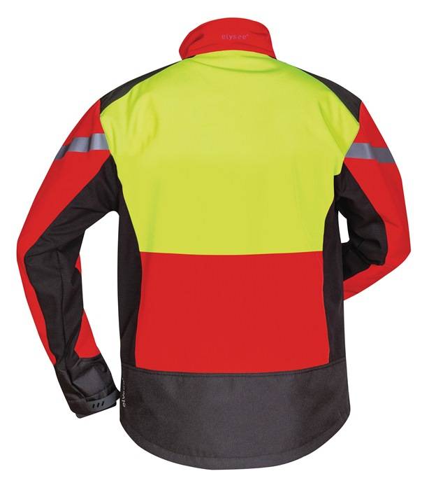 Warnweste in auffälligem Rot, Gelb und Schwarz, von hinten gezeigt, mit reflektierenden Streifen auf den Ärmeln.