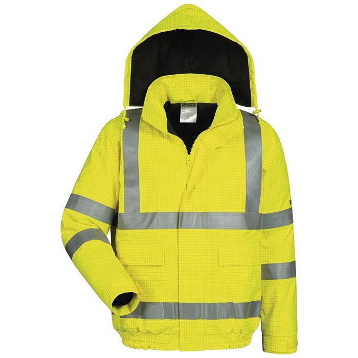 Hochsichtbare gelbe Kapuzenjacke mit reflektierenden silbernen Streifen, Vorderansicht auf weißem Hintergrund.