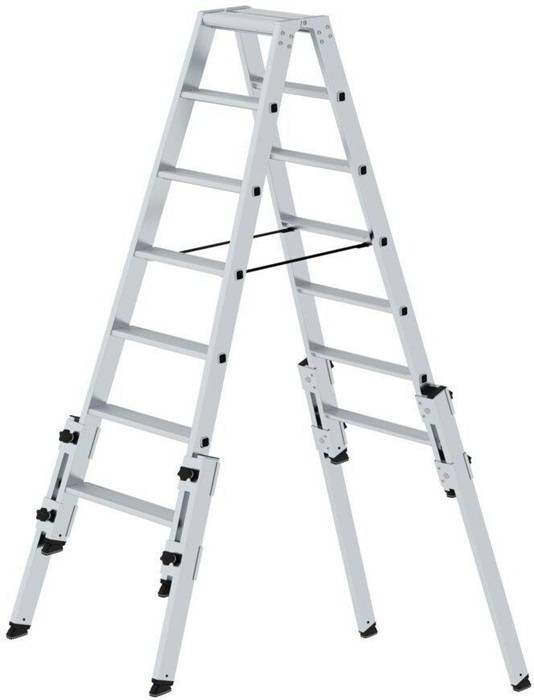 Stufenstehleiter 2x7 Stufen Alu.Gesamt-H.1610mm m.4 Holmverlängerungen MUNK